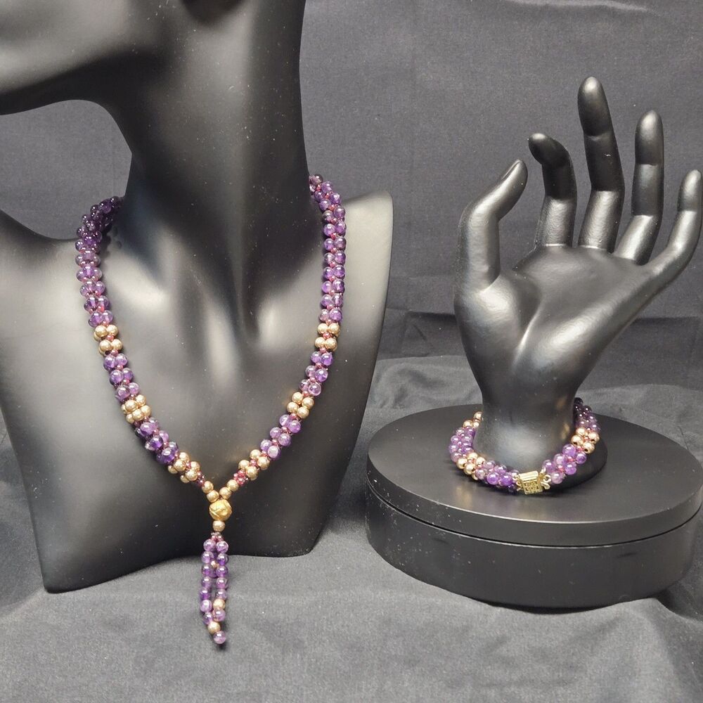 Vintage Purple Gold Bead Necklace Bracelet Set Multi-Strand Jewelry Lot